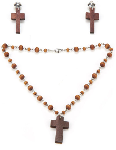 Kit collier et boucles d'oreilles religieuse pour femme en bois marron