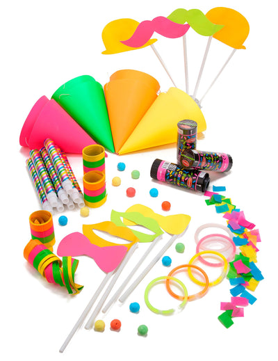 Kit cotillons fluo pour 8 personnes multicolore avec chapeaux et canons à confettis