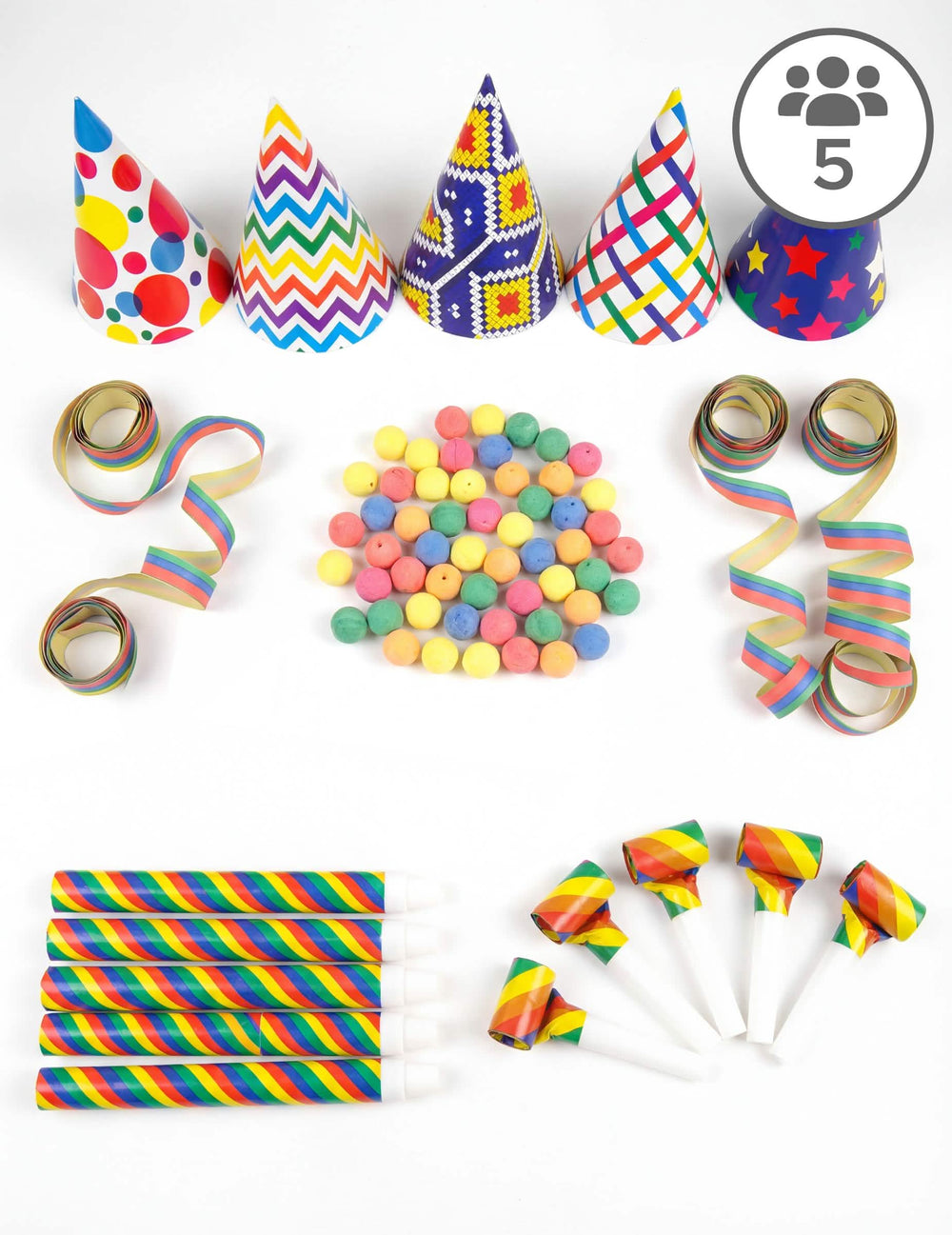 Kit cotillons multicolores pour 5 personnes avec chapeaux et sans-gênes