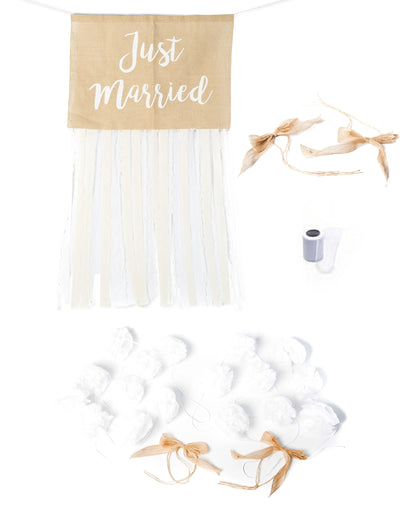 Bruidspaar Auto Decoratiekit Landelijk Jute en Kant Compleet Just Married
