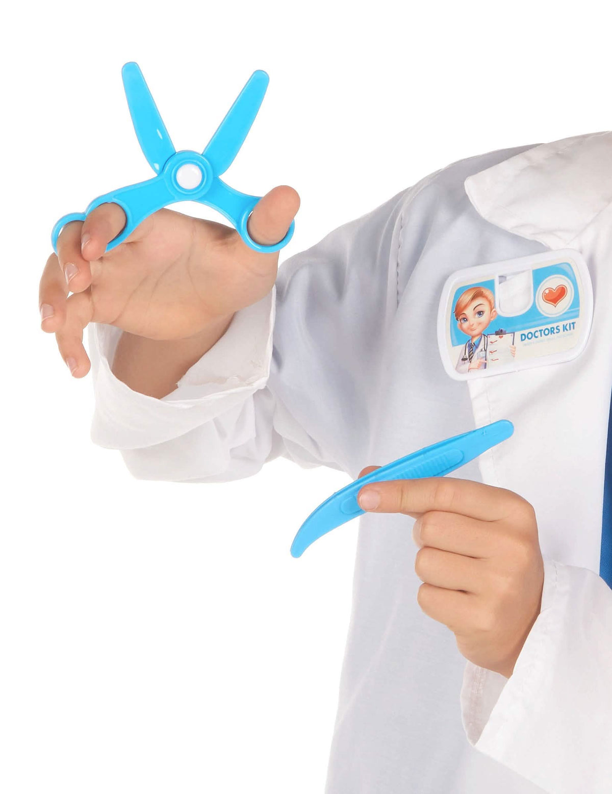 Detail van de schaar en de tang van de doktersset voor kinderen 10 stuks blauw