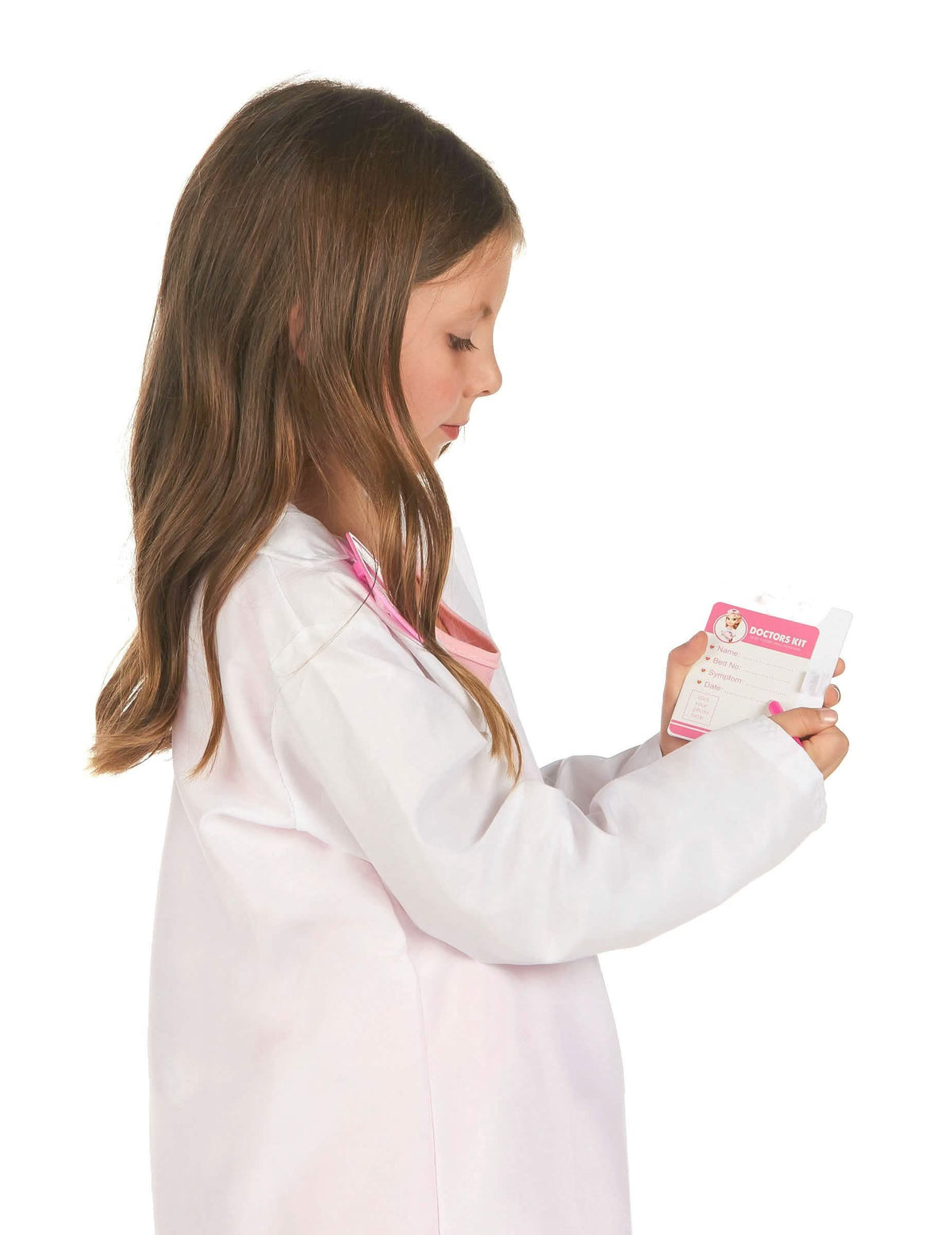 Vue de profil de la blouse et du formulaire de santé du Kit de docteur pour enfant rose