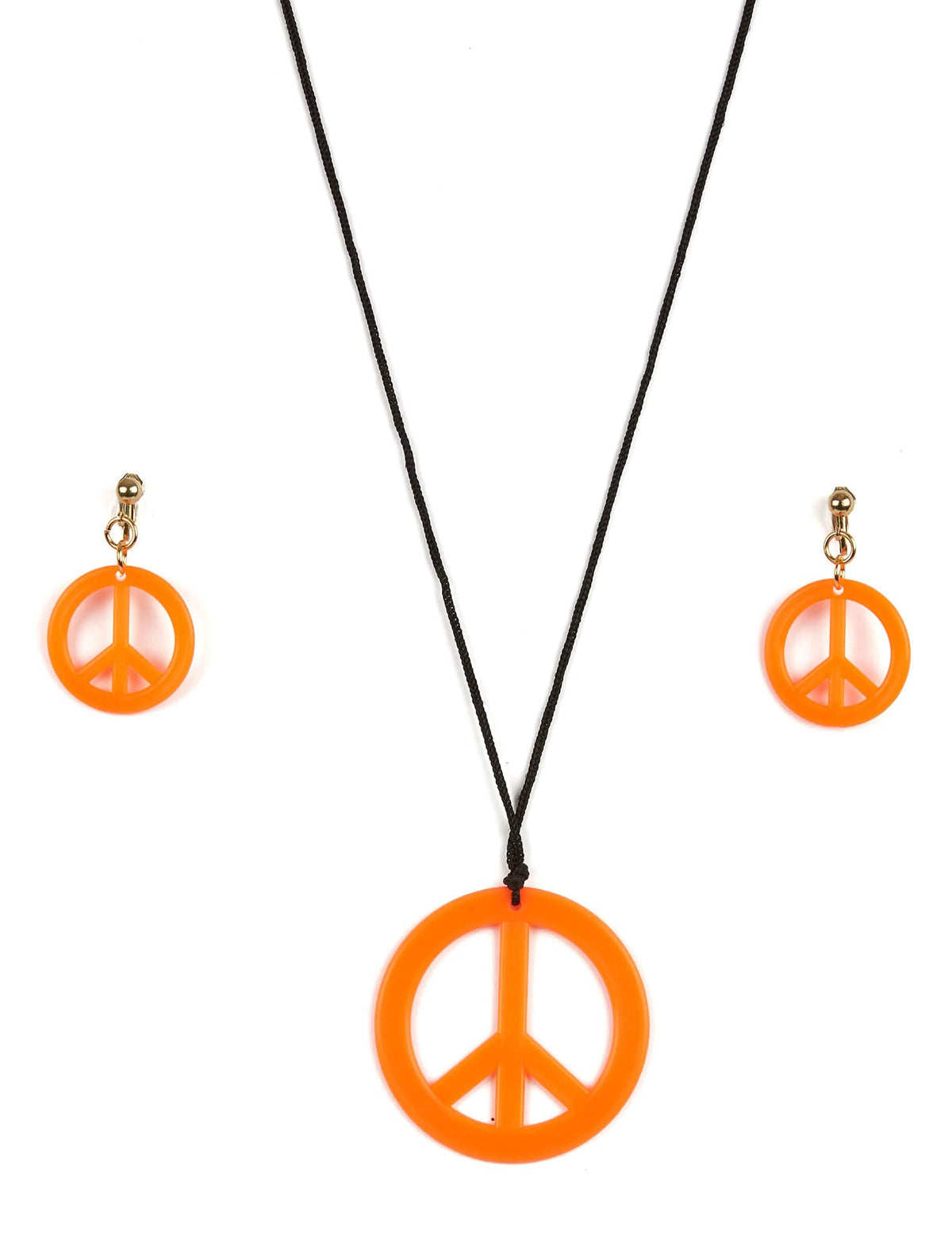 Overzicht van de oranje halsketting en oorbellen van de hippiekit
