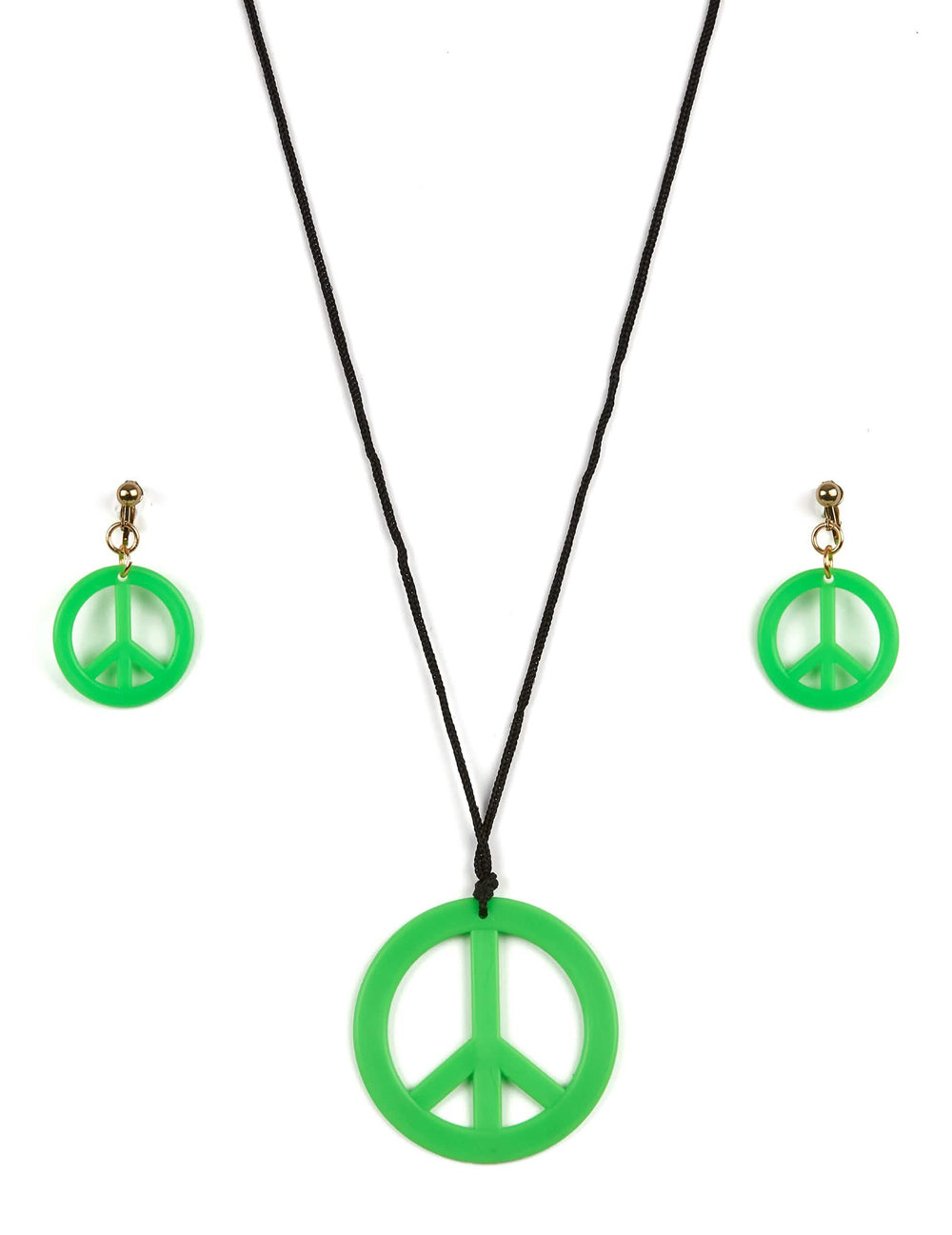 Detail van de ketting en de oorbellen Peace and Love van de hippie-set