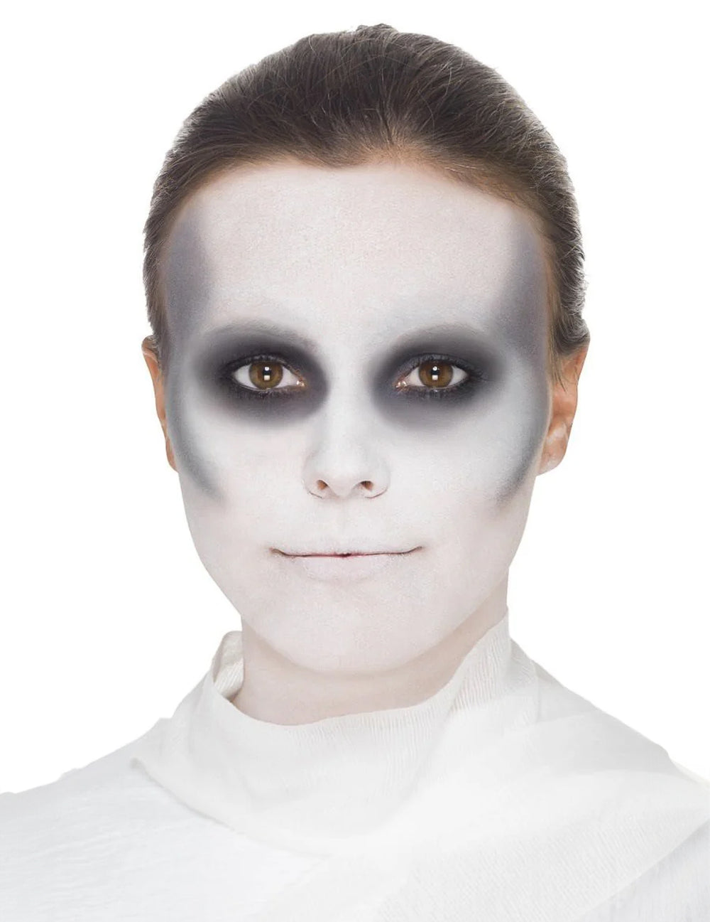 Détail du maquillage gris autour des yeux du kit maquillage momie pour adulte