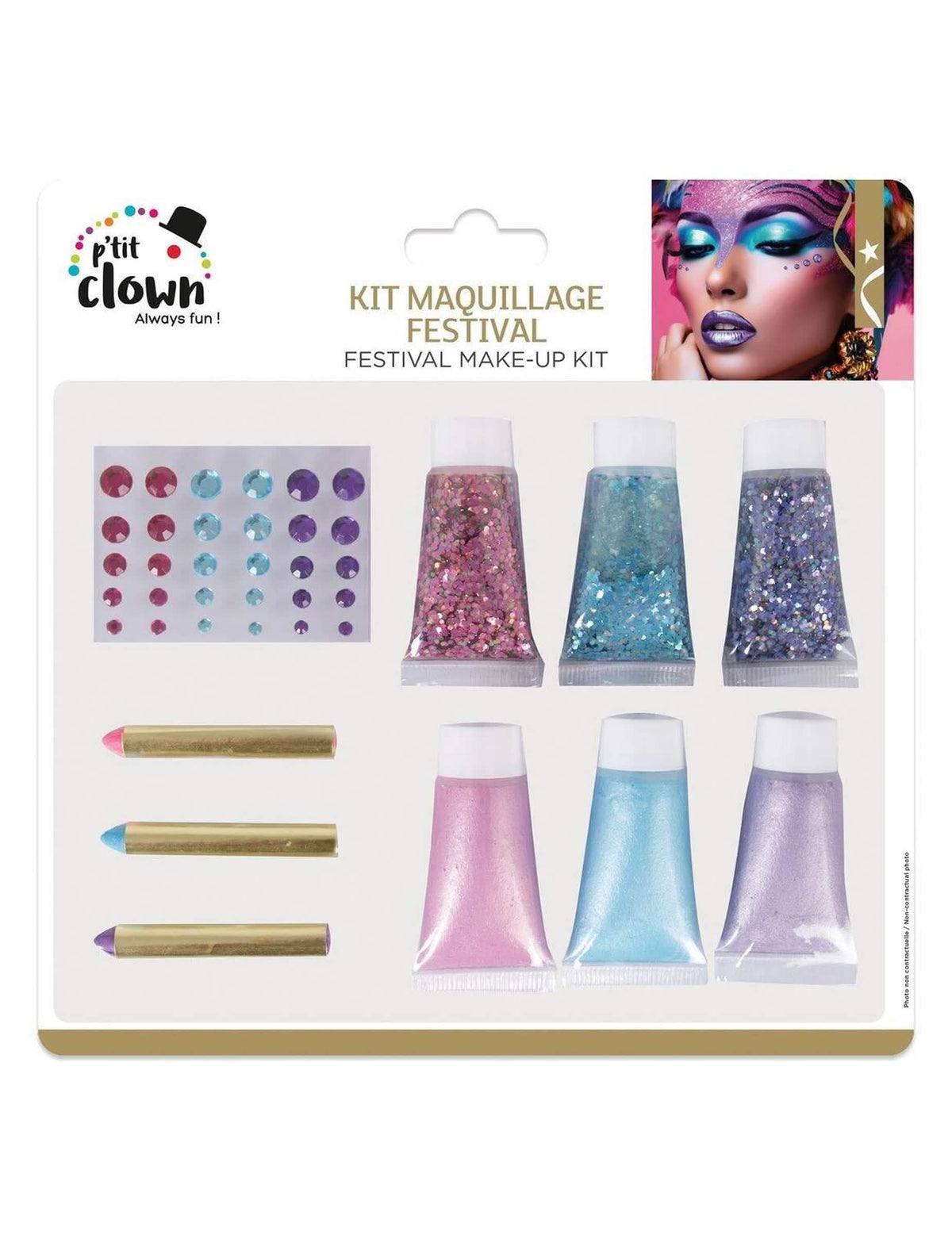 Kit maquillage pailleté de festival pour adulte rose, bleu et violet avec strass