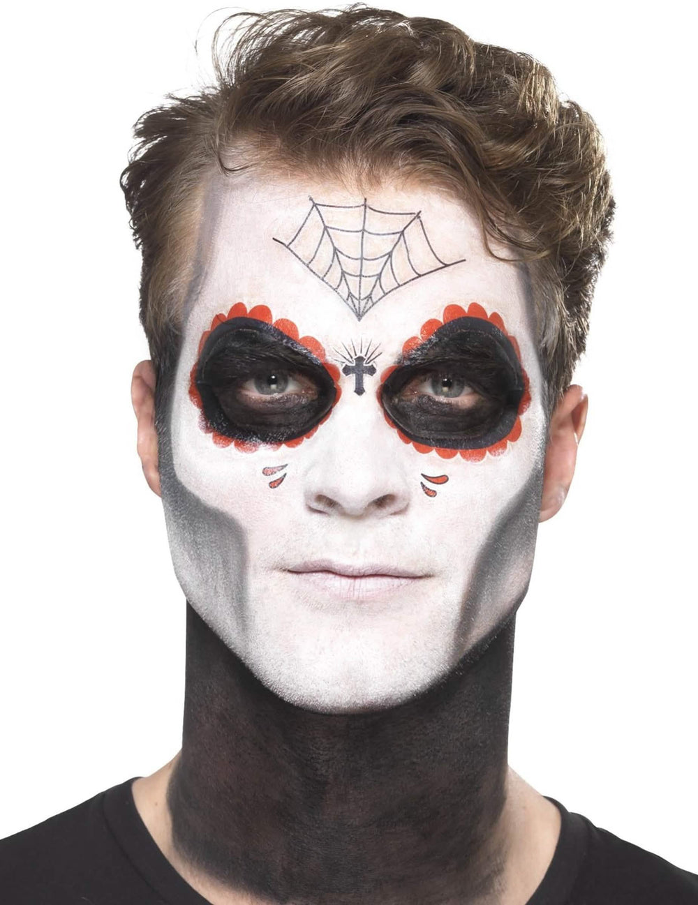 Gros plan sur le résultat final du maquillage du kit maquillage squelette mexicain Dia de los muertos