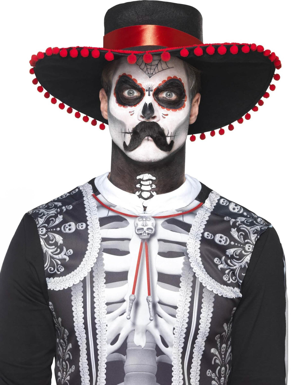Kit maquillage squelette mexicain Dia de los muertos pour adulte noir et blanc avec sombrero à pompons rouges