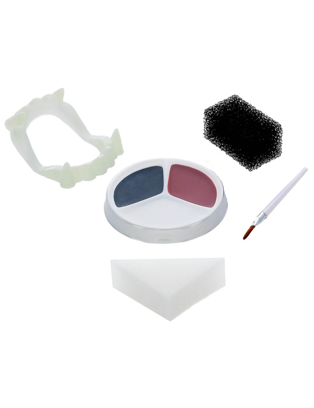 Detail van de accessoires van de schminkset voor vampier met kunstgebit