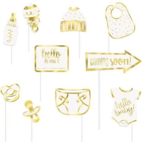 Kit photobooth hello baby pour baby shower blanc et doré avec 10 accessoires