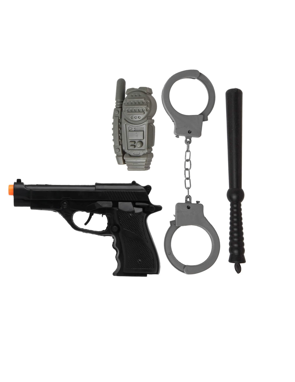 Detail van het pistool, walkie-talkie, handboeien en knuppel van de accessoireset voor politieagenten