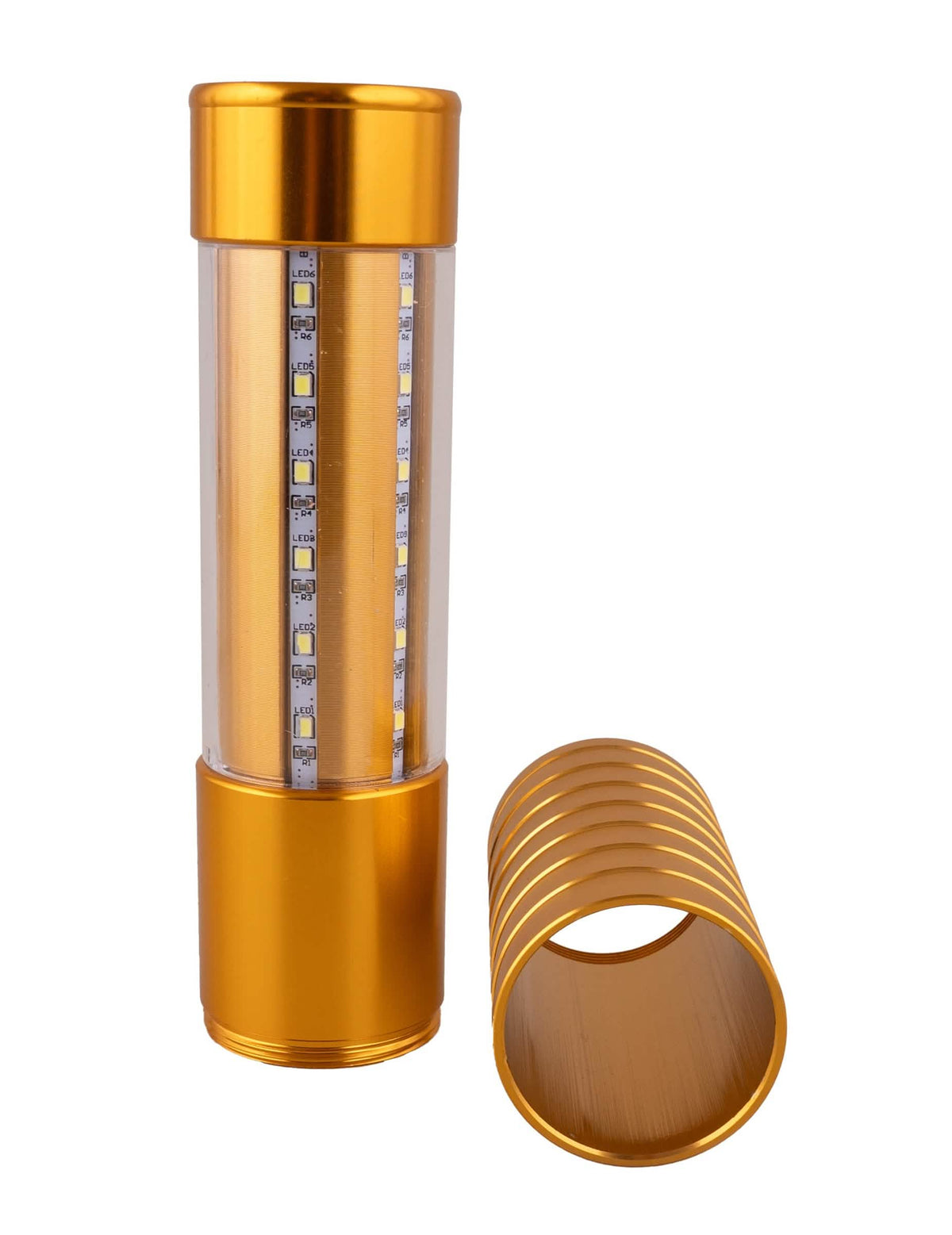 Detail van de componenten van de LED-sfeerlamp voor fles goud