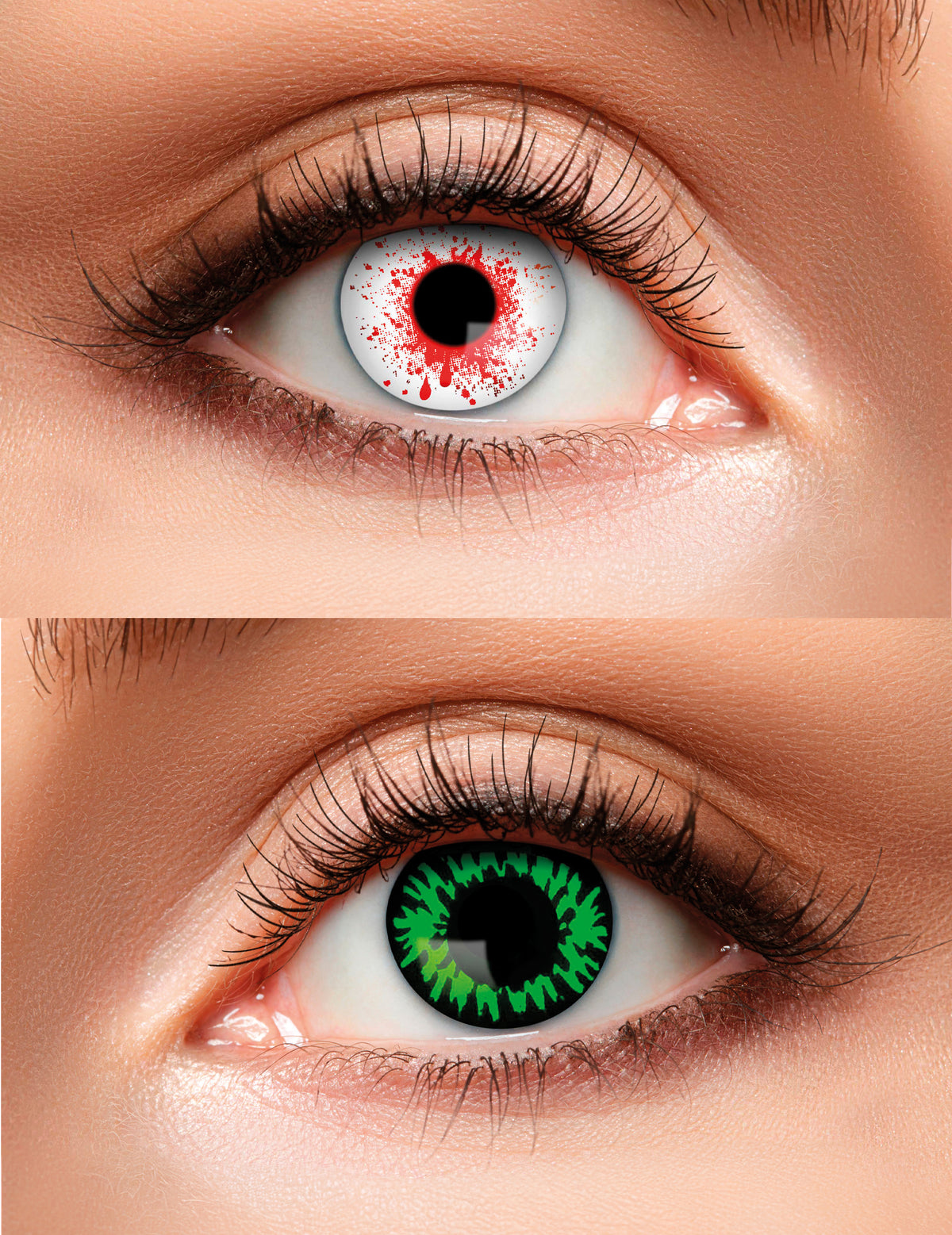 Lentilles duo sanglant et vert pour adulte blanches à taches rouges et noires à motifs verts