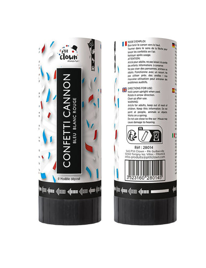 Lot de 2 canons à confettis supporter bleu, blanc et rouge 11 cm