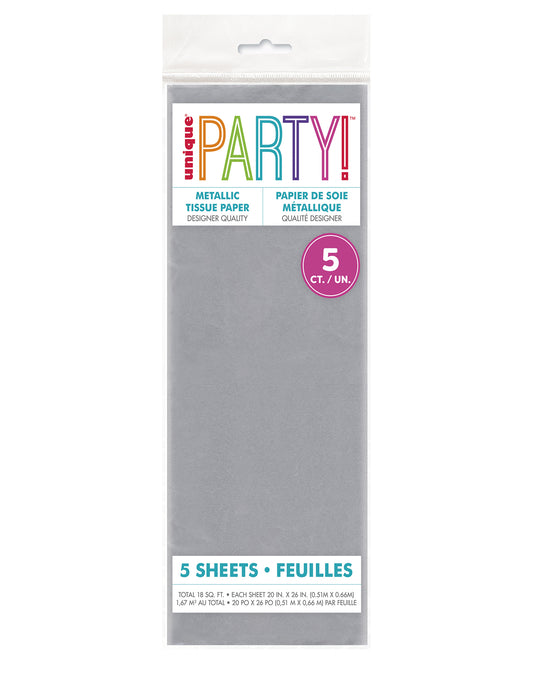 5 Feuilles de papier de soie métallisé argent