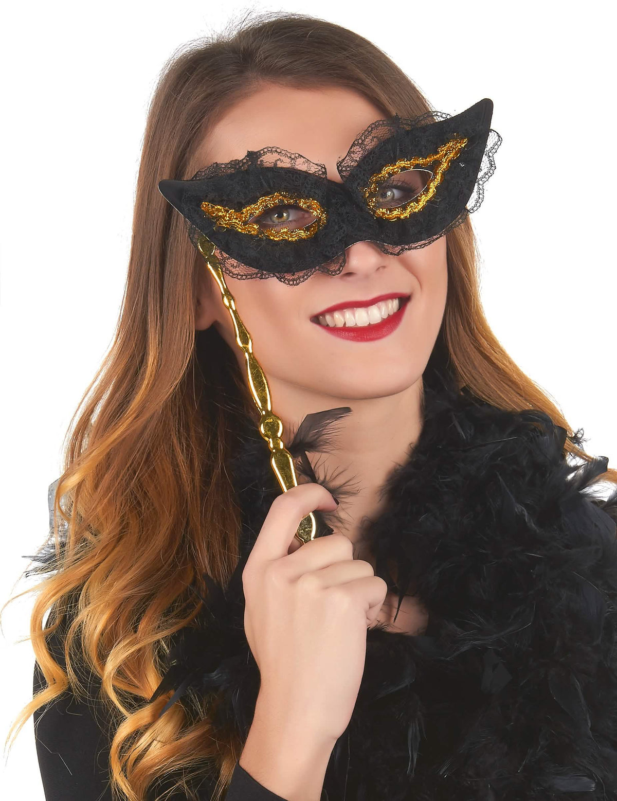 Loup noir et or avec dentelle sur tige pour adulte noir et doré