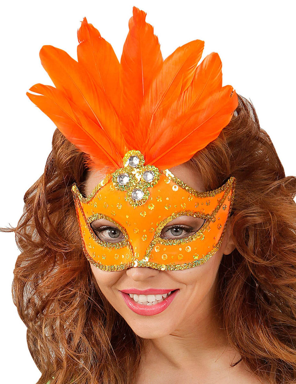 Loup avec plumes pour femme orange à paillettes et strass