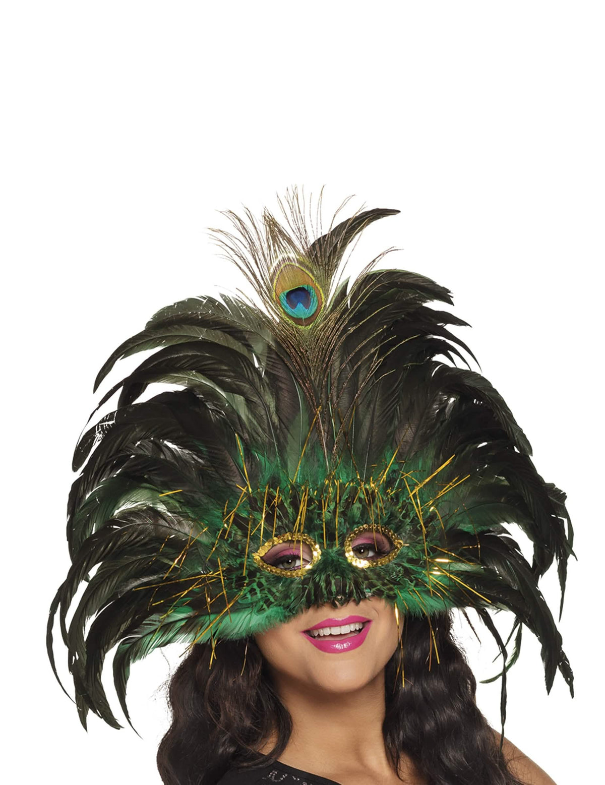 Venetiaans pauwmasker met veren voor volwassenen groen en zwart met centrale pauwveer
