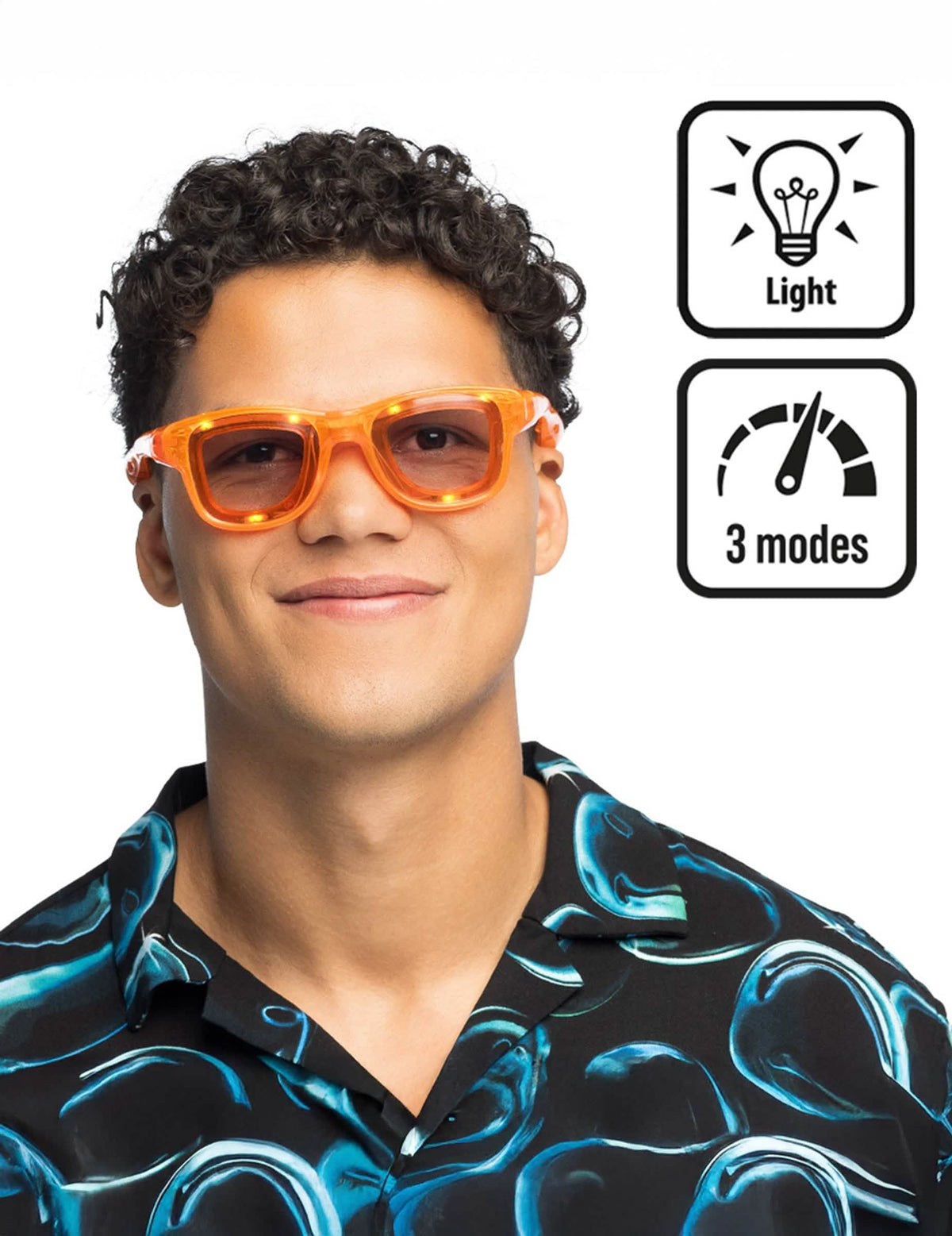 Détail des modes d'éclairage des lunettes lumineuses à LED pour adulte oranges