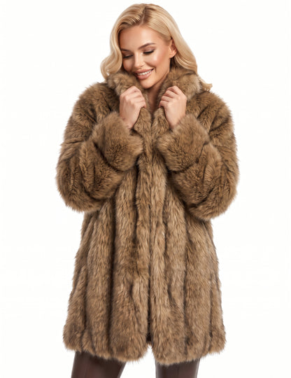 Manteau long en fausse fourrure de luxe marron