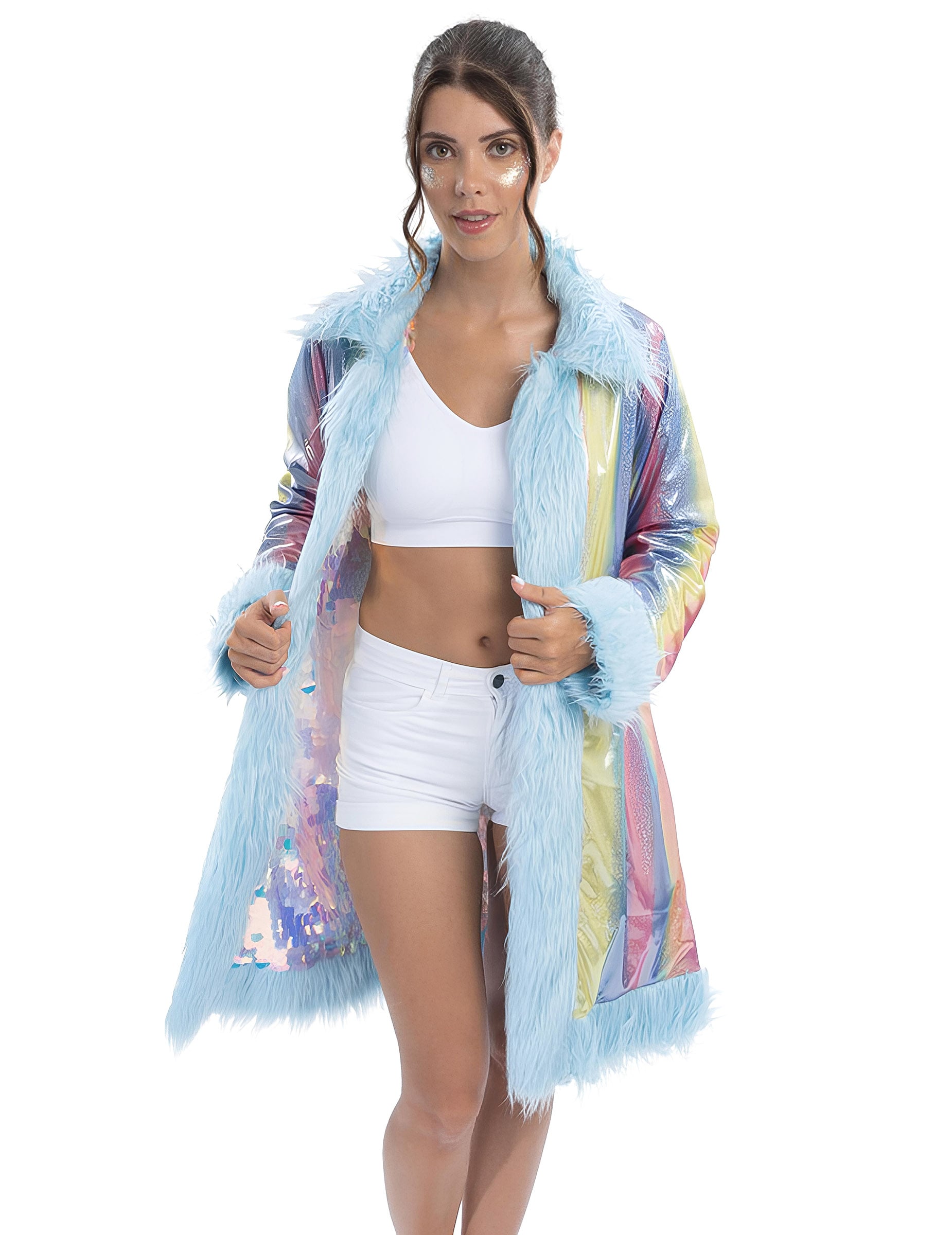 Vue de face porté ouvert du manteau réversible à paillettes et fausse fourrure pour adulte bleu