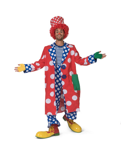 Manteau clown à pois pour homme rouge et bleu à grands pois blancs