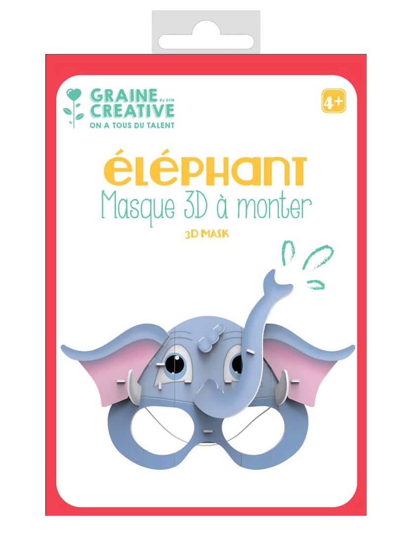 Masque 3D à monter en carton éléphant pour enfant bleu et rose