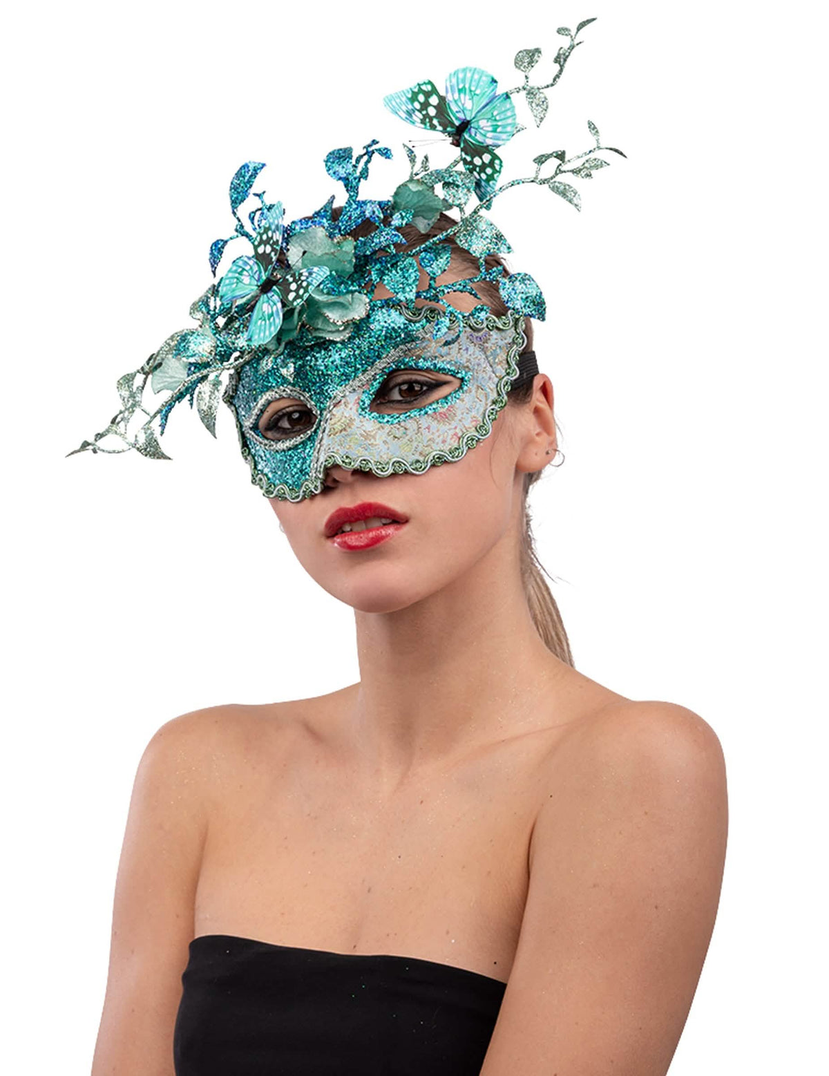Masker met vlinder en takken voor dames, blauwachtig met pailletten
