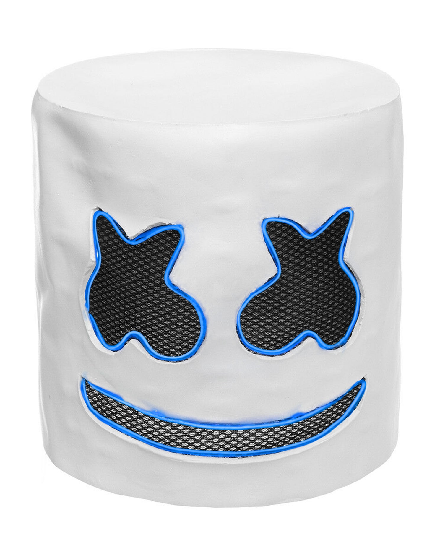 Détail des contours à LED bleues du masque DJ guimauve