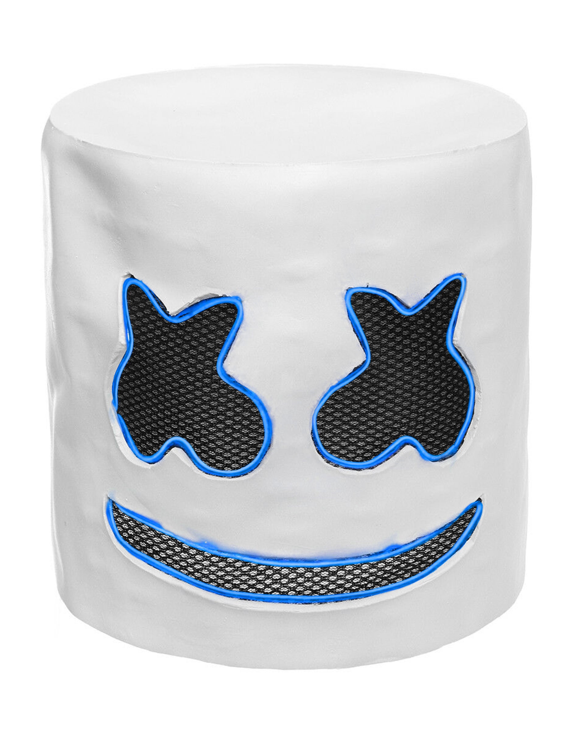Détail des contours à LED bleues du masque DJ guimauve