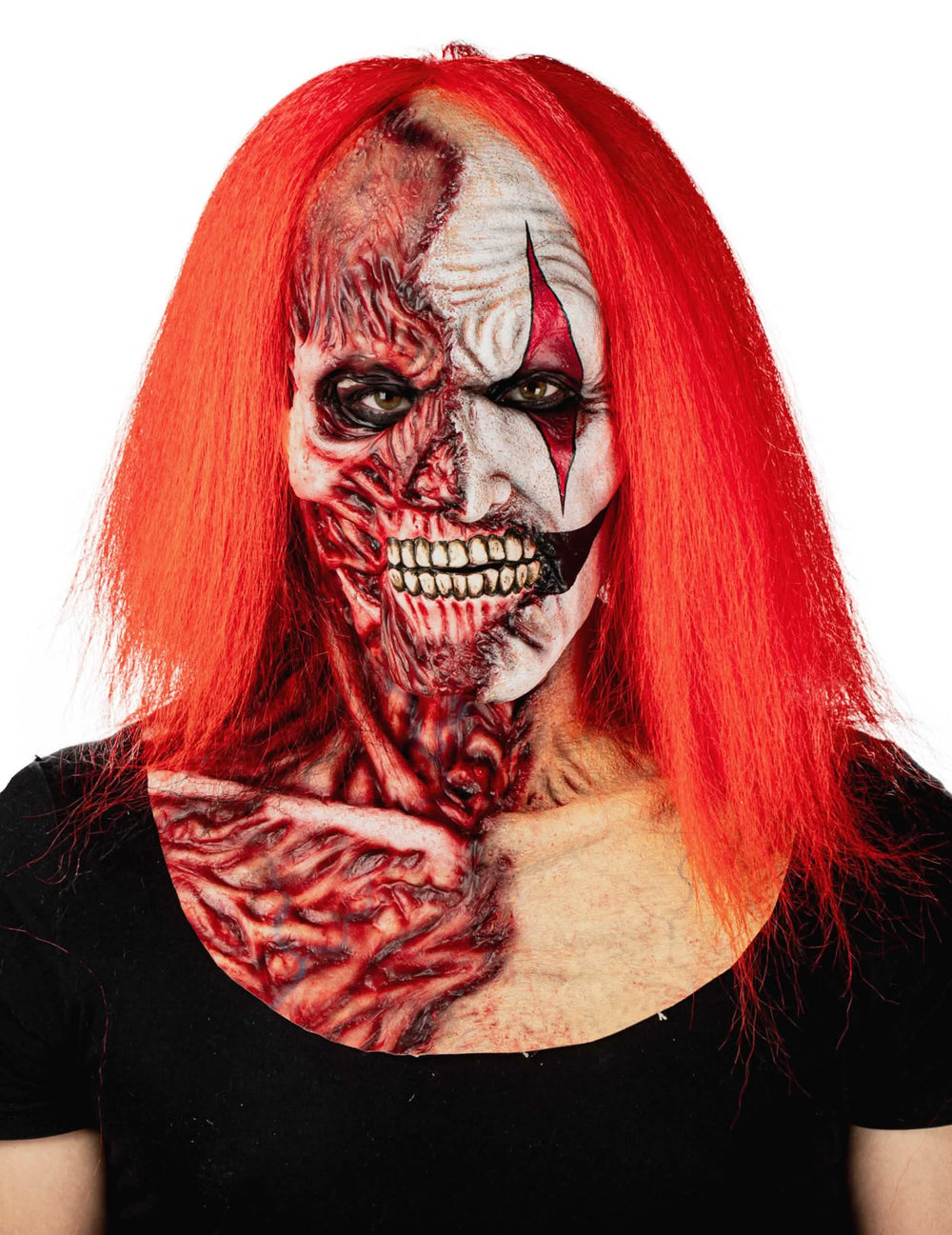 Hyperrealistisch dubbelzijdig clownmasker voor volwassenen met lang rood haar en bloederige effecten