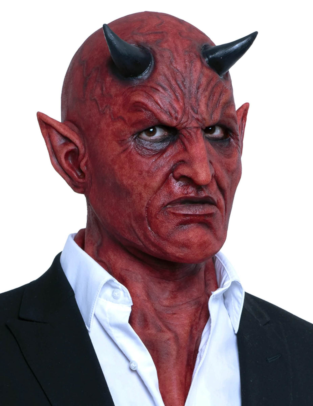 Hyperrealistisch premium demonmasker voor volwassenen rood met zwarte hoorns