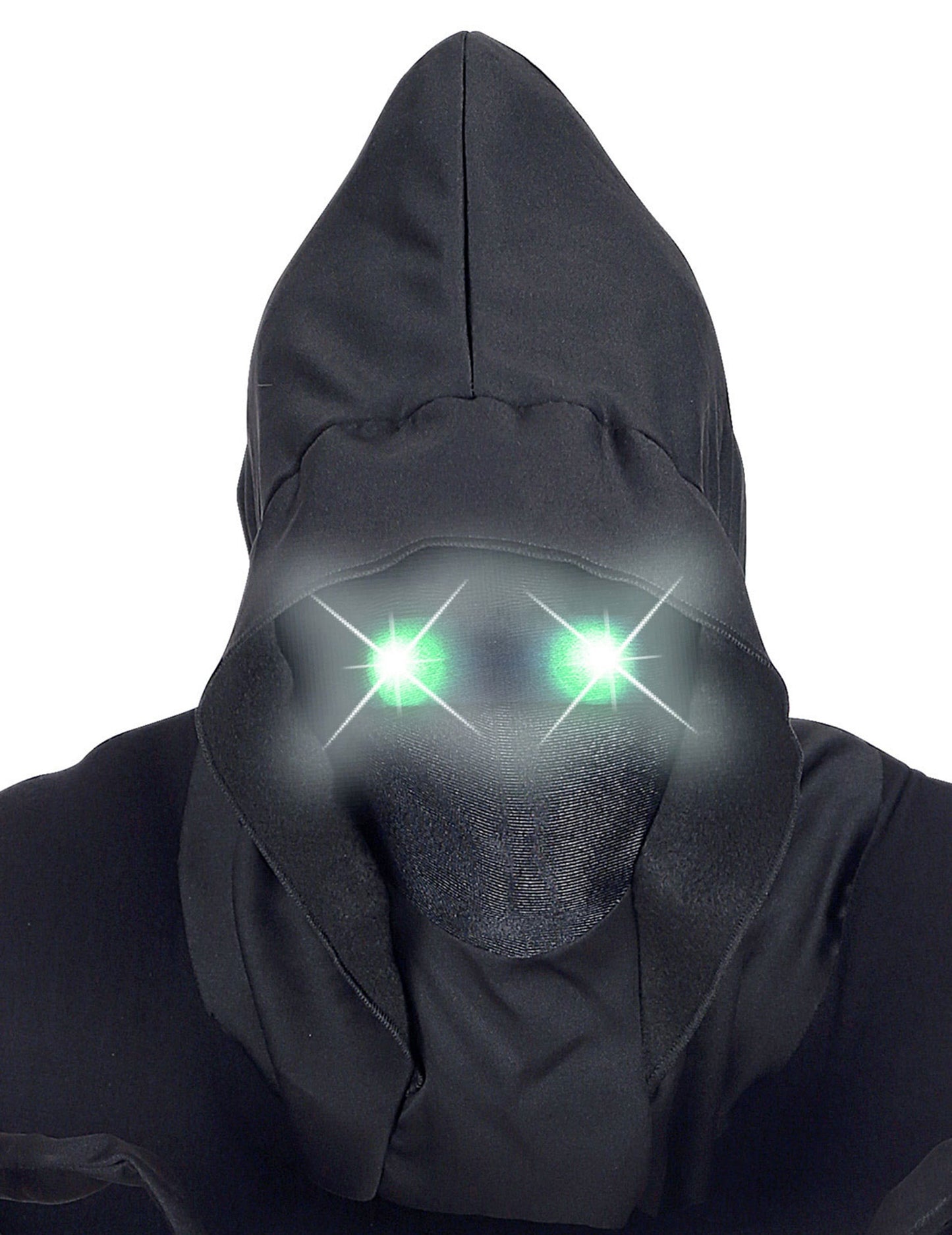 Masque intégral à capuche visage invisible pour adulte noir avec yeux lumineux verts