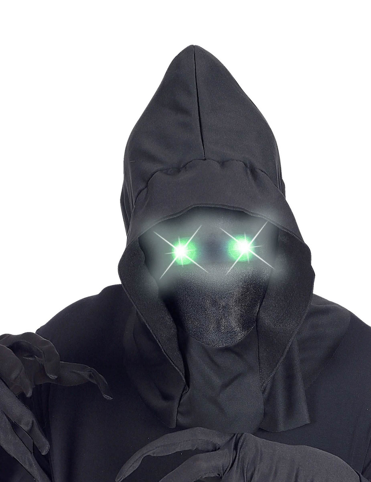 Close-up van de lichtgevende groene ogen van het volledige maskers met capuchon en onzichtbaar gezicht voor volwassenen