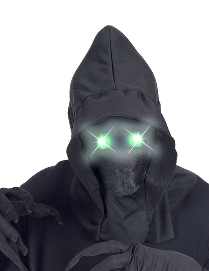 Gros plan sur les yeux lumineux verts du masque intégral à capuche visage invisible pour adulte