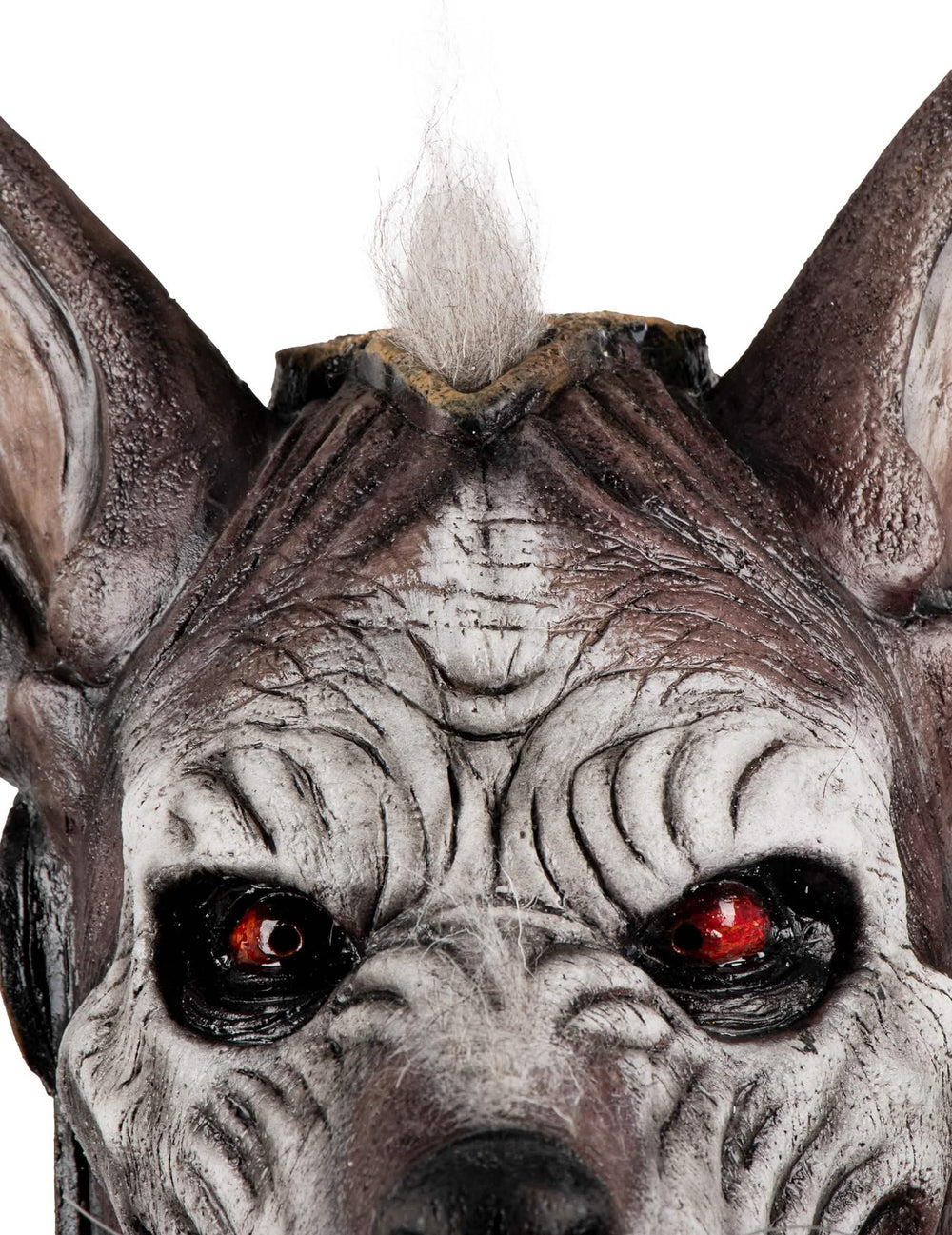 Détail du front et des yeux rouges du masque intégral monstre à tête de chien pour adulte