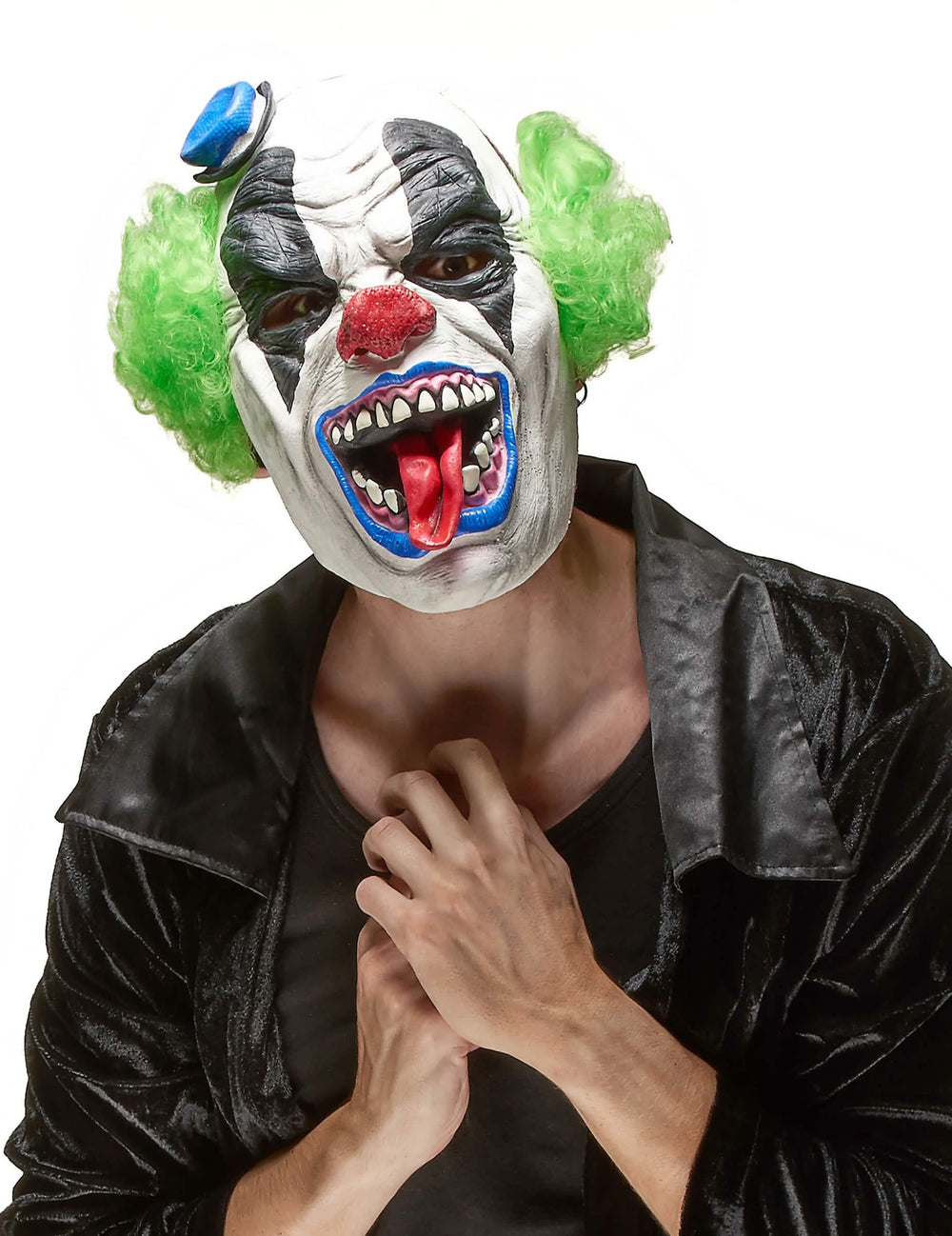 Latex clownmasker, angstaanjagend, voor volwassenen, wit met groen haar en een hangende tong