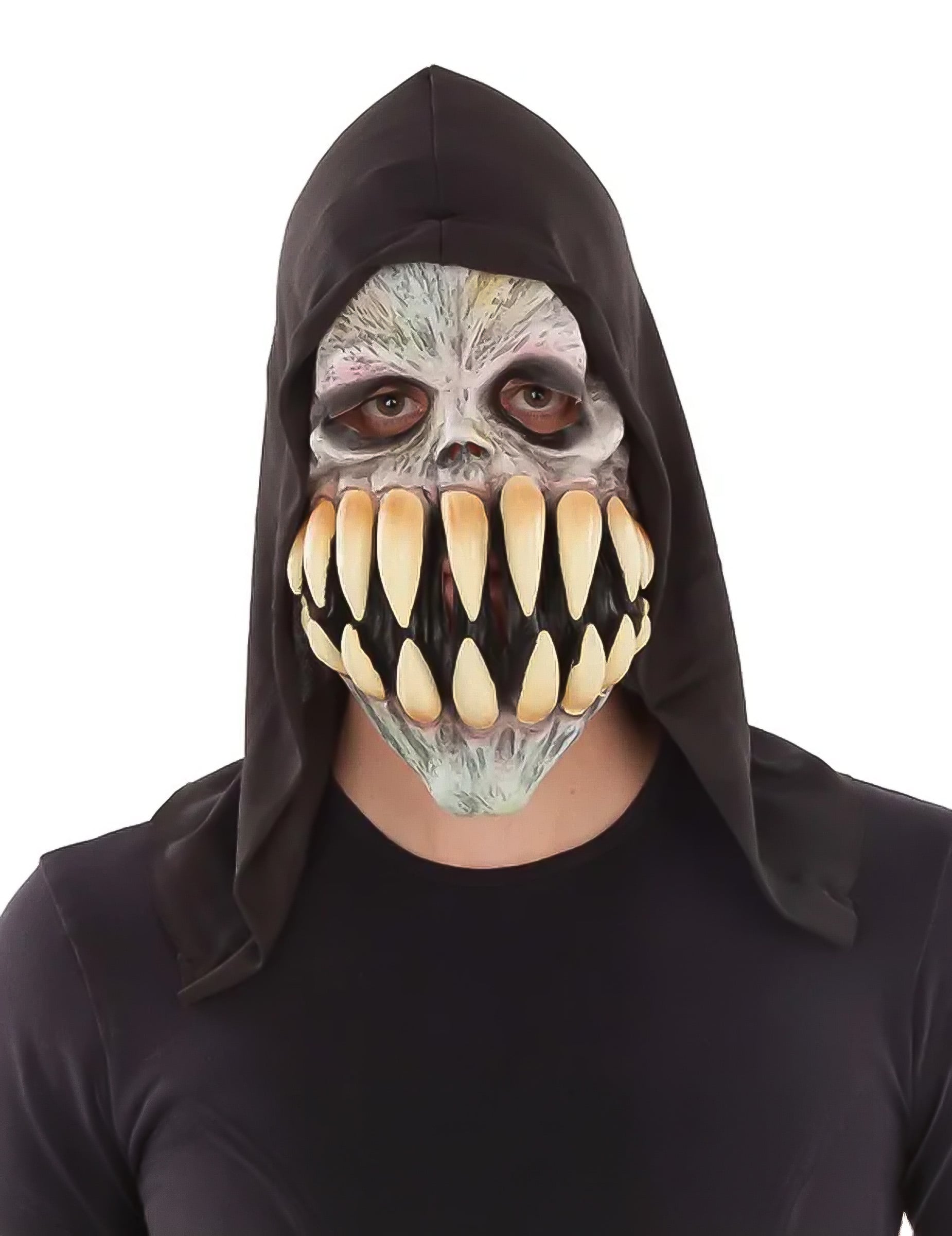 Masque latex grandes dents pour adulte gris avec capuche noire