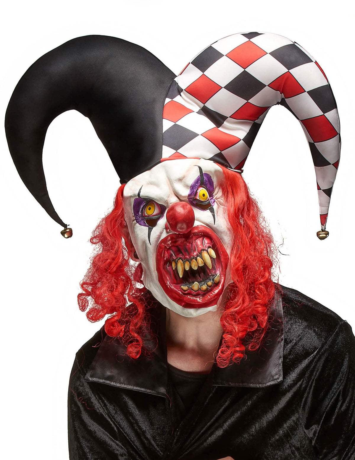 Masque latex joker terrifiant pour adulte blanc et rouge avec bonnet de bouffon à grelots