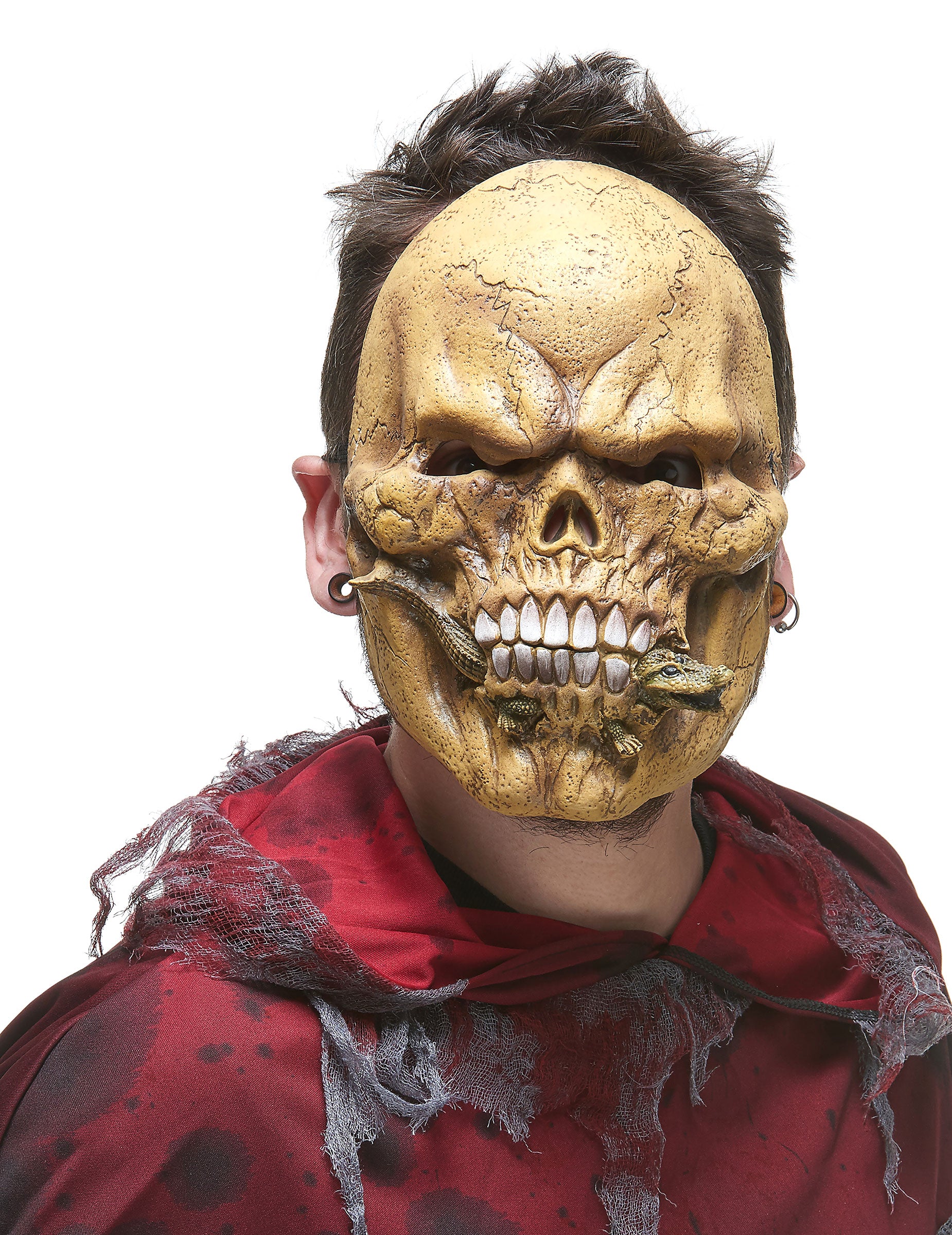 Vue de face du masque latex squelette mangeur de reptiles pour adulte
