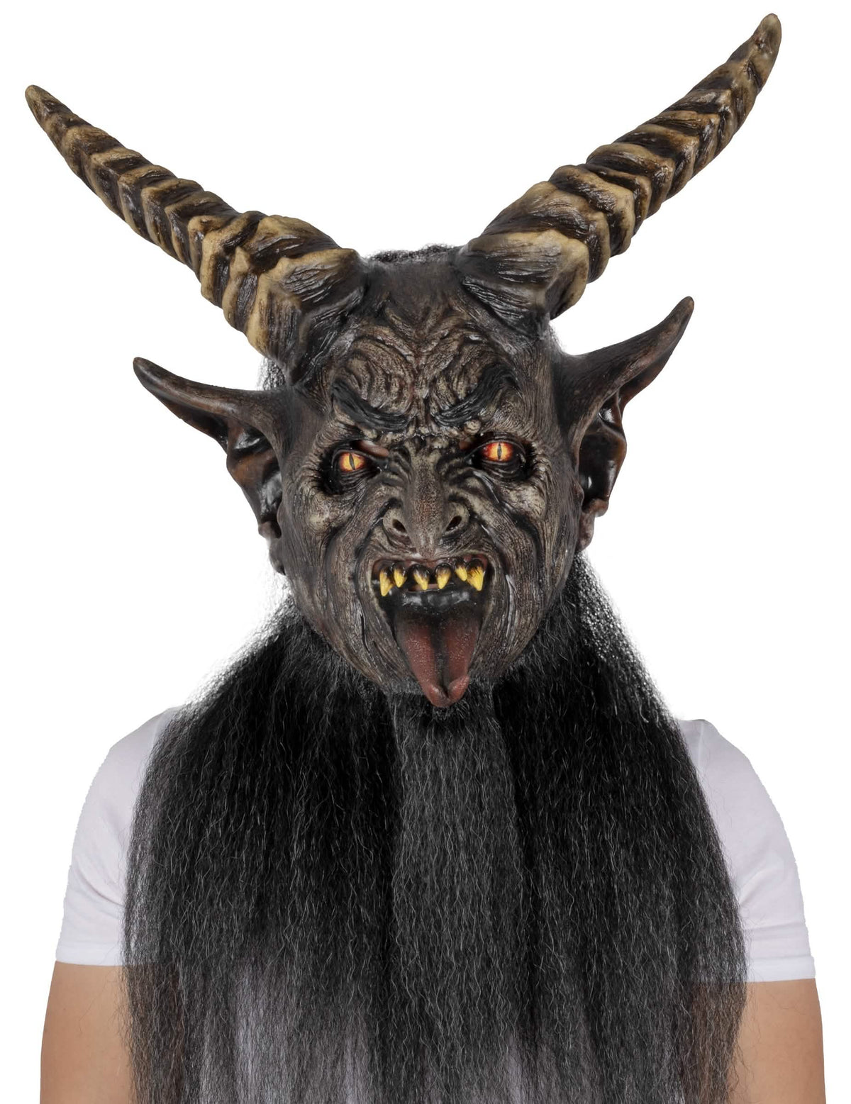 Monstermasker voor volwassenen zwart met hoorns luxe met lange haren