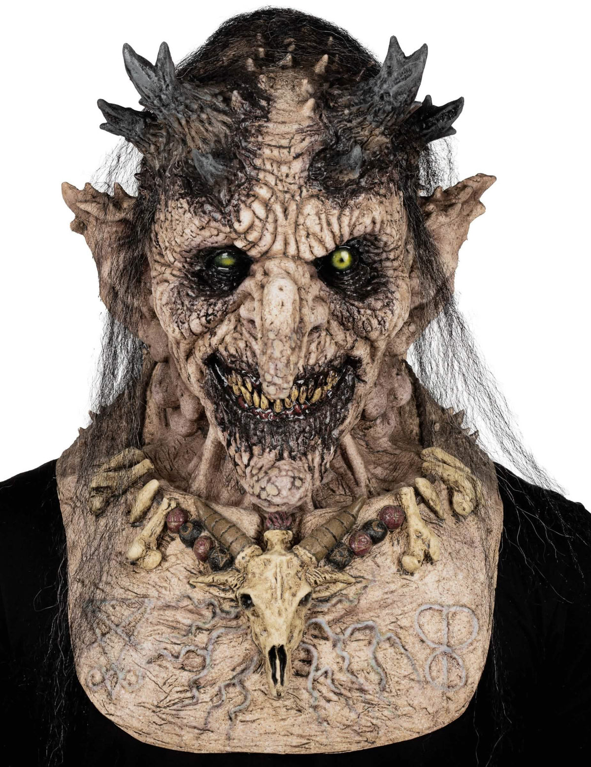 Demonische priesteres-masker voor volwassenen luxe beige met hoorns en zwart haar