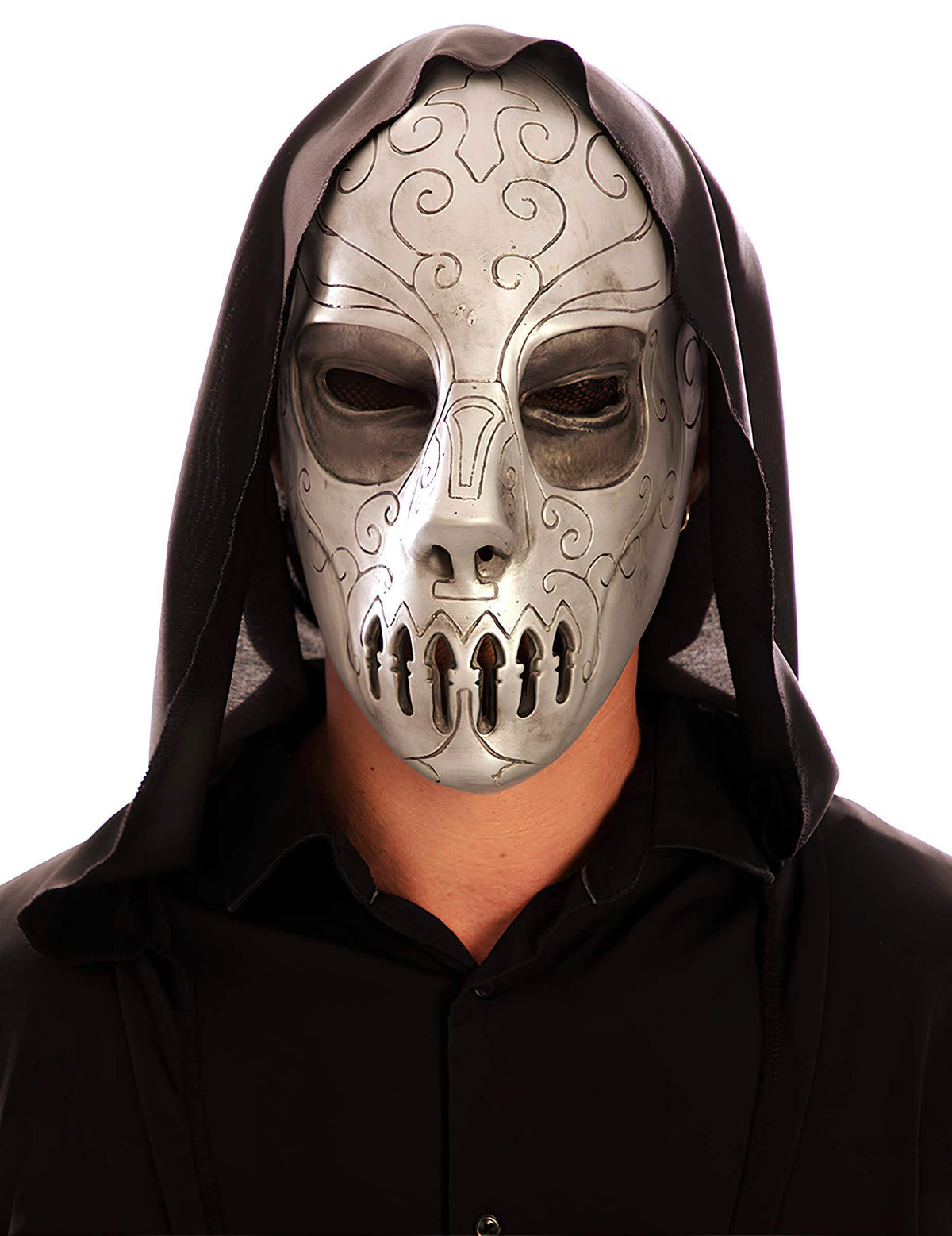 Masque de sorcier sombre pour adulte en latex argenté avec capuche noire