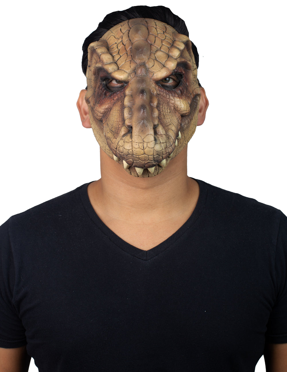 T-rexmasker voor volwassenen bruin met schubben en zichtbare tanden