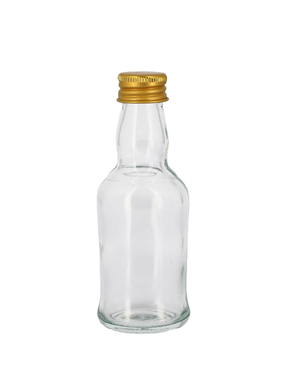 Mignonnette en verre transparent avec bouchon en métal doré