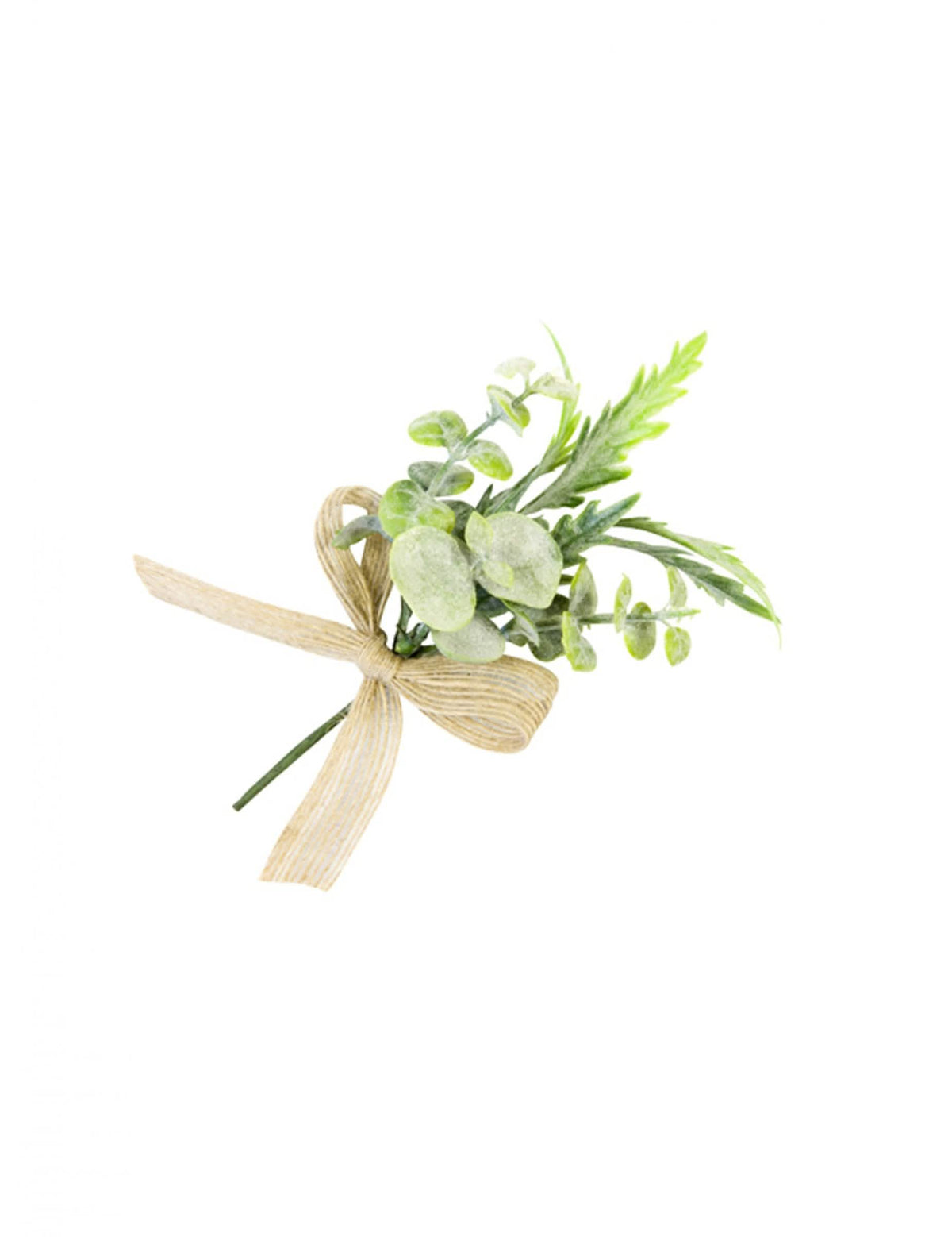 Mini bouquet de feuillages artificiels pour décoration vert avec ruban toile ivoire