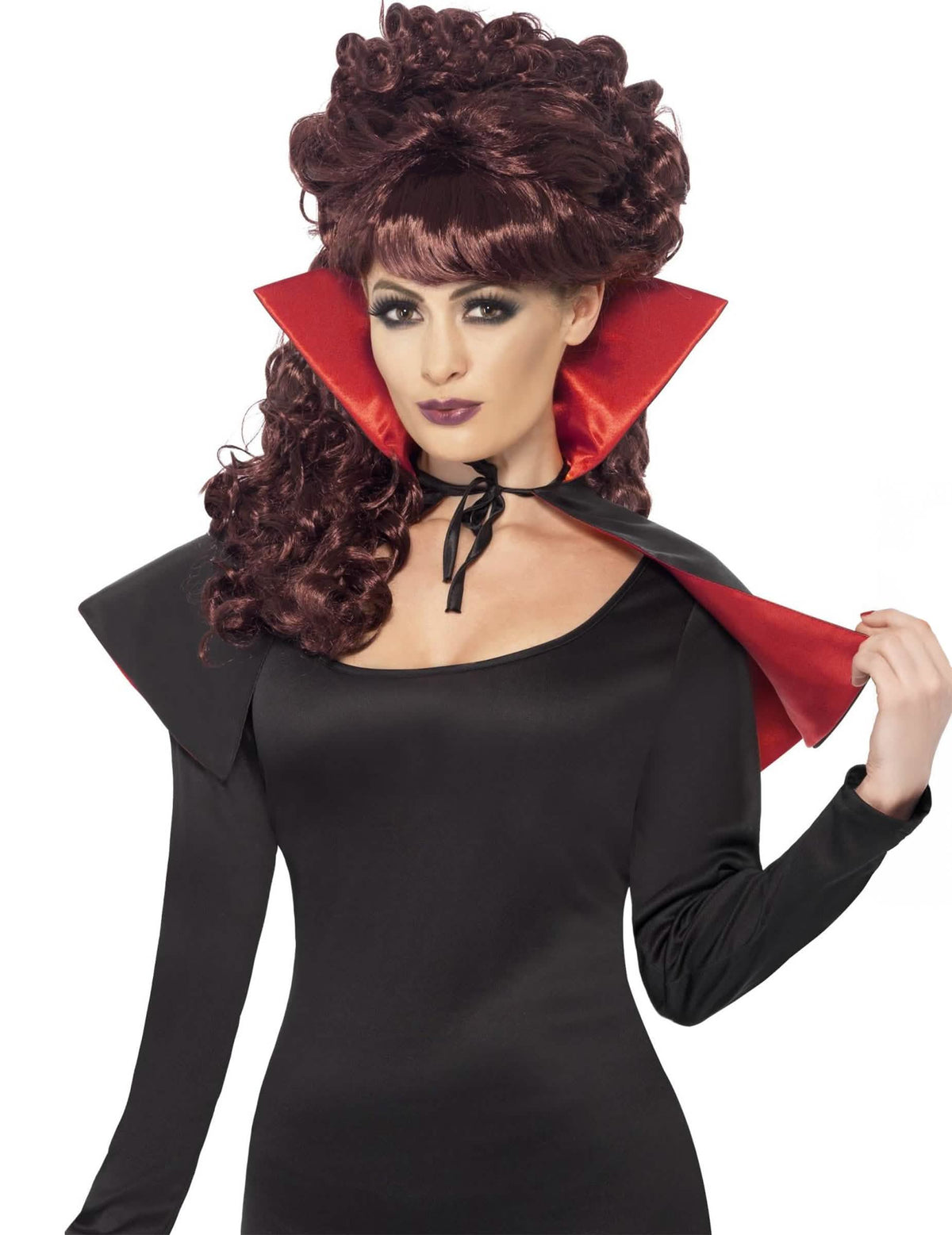 Mini vampiercape halloween voor volwassenen, zwart met rood kraag