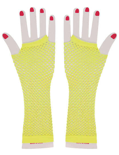 Vue de face des mitaines longues résille jaune fluo
