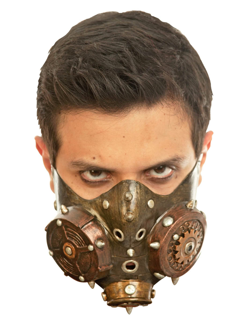 Halve steampunk-mask voor volwassenen brons met tandwielen en klinknagels
