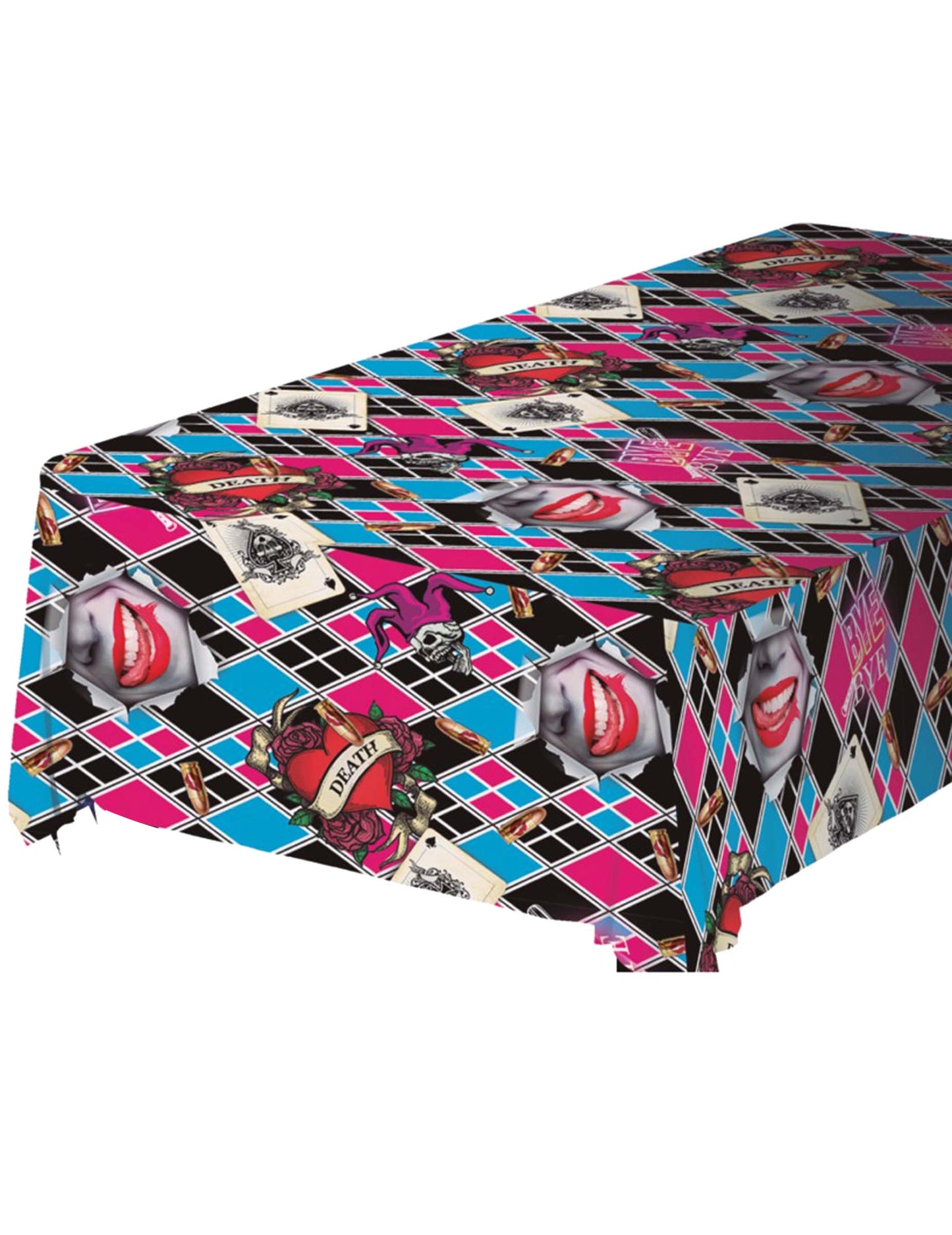 Nappe Dangerous Girl en PVC rose bleu et noir à motifs losanges et têtes de mort